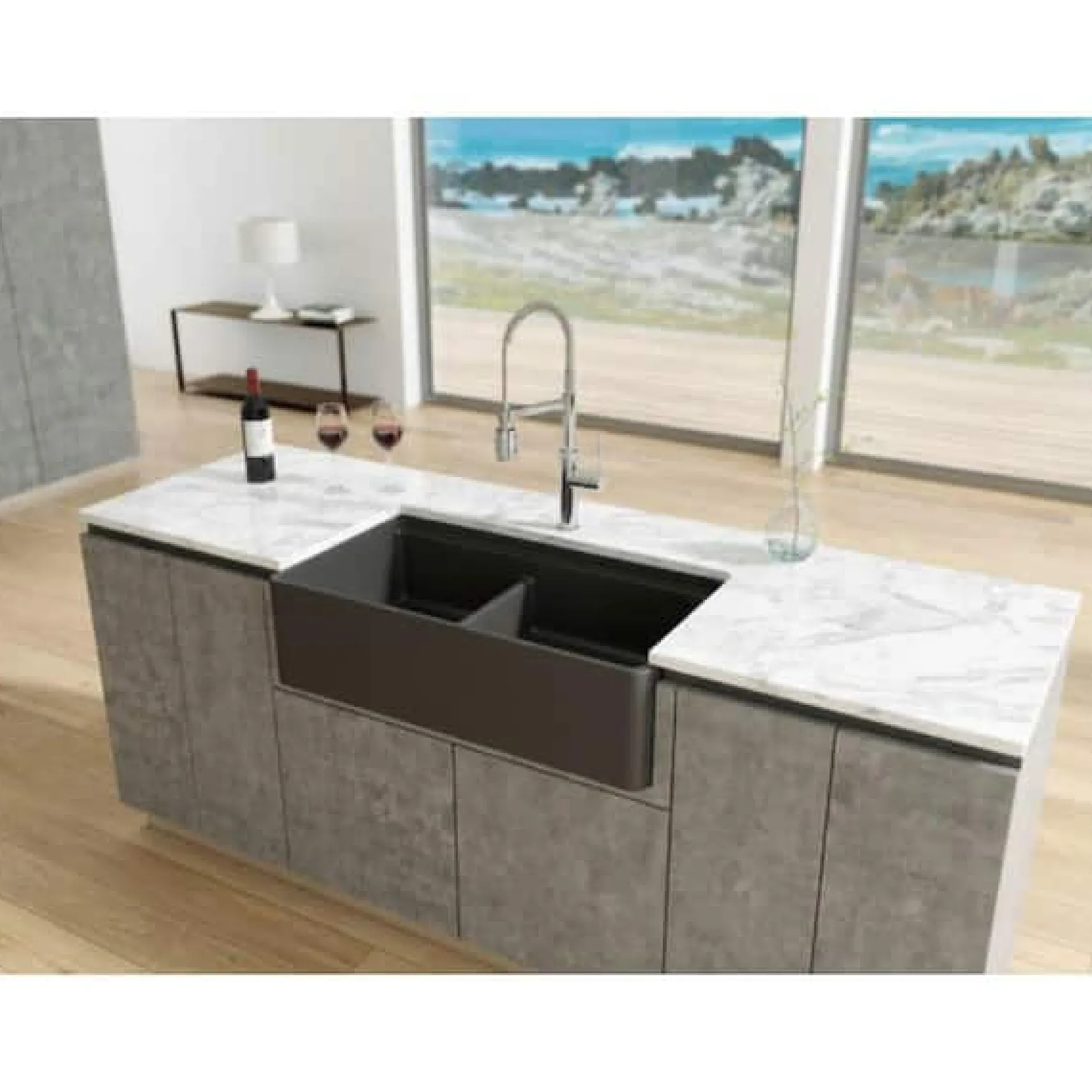 Latoscana 36" Double Bowl Fireclay Farmhouse Sink with Accessory Ledge, Black, LDL3619B