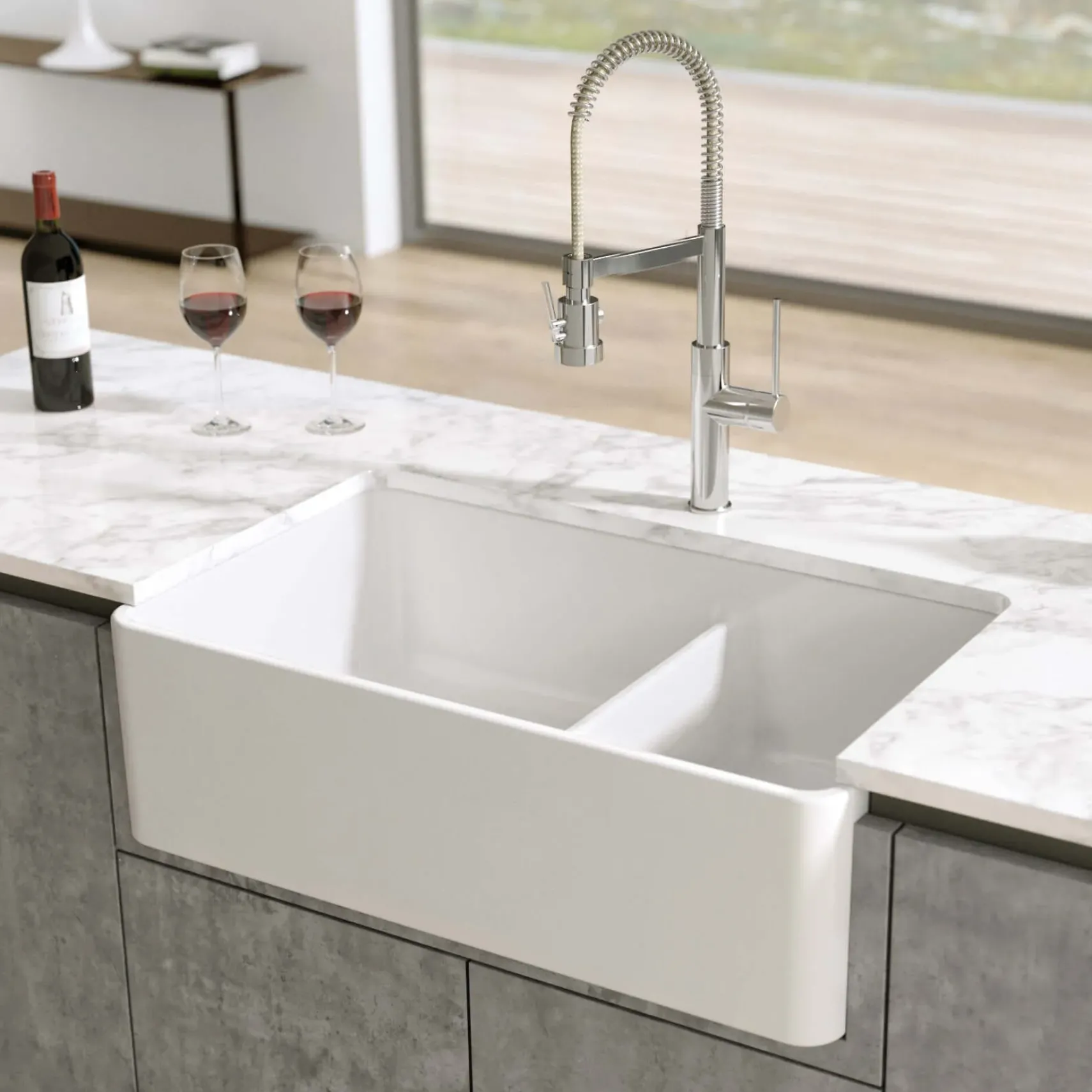Latoscana 33" Fireclay Farmhouse Sink, 60/40 Double Bowl, White, LTD3319W