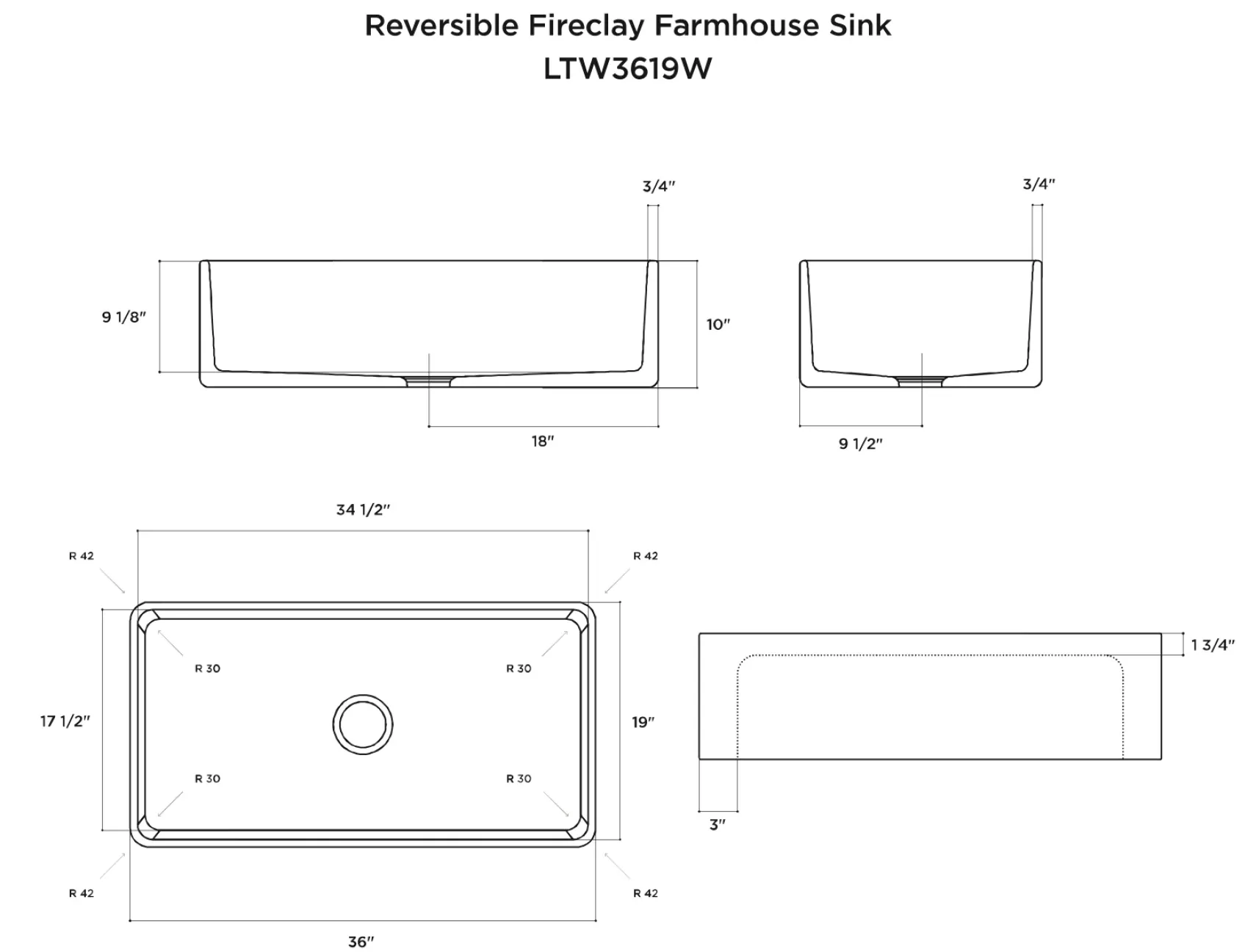 Latoscana 36" Fireclay Single Bowl White Farmhouse Apron Sink, Reversible, LTW3619W