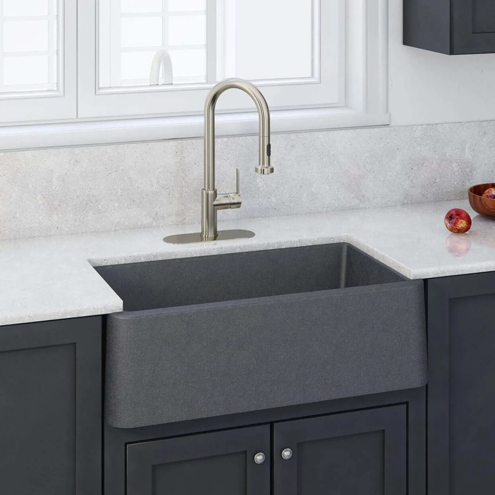 LaToscana 33" Quartz Composite Farmhouse Sink, Titanium Grey Metallic, Marmorin Series, LA3319T