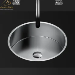 MaestroBath 15" Aurora Modern Round Under-Mount ADA Bathroom Sink, Brushed Silver, Stainless Steel, STN-AUR-BRS