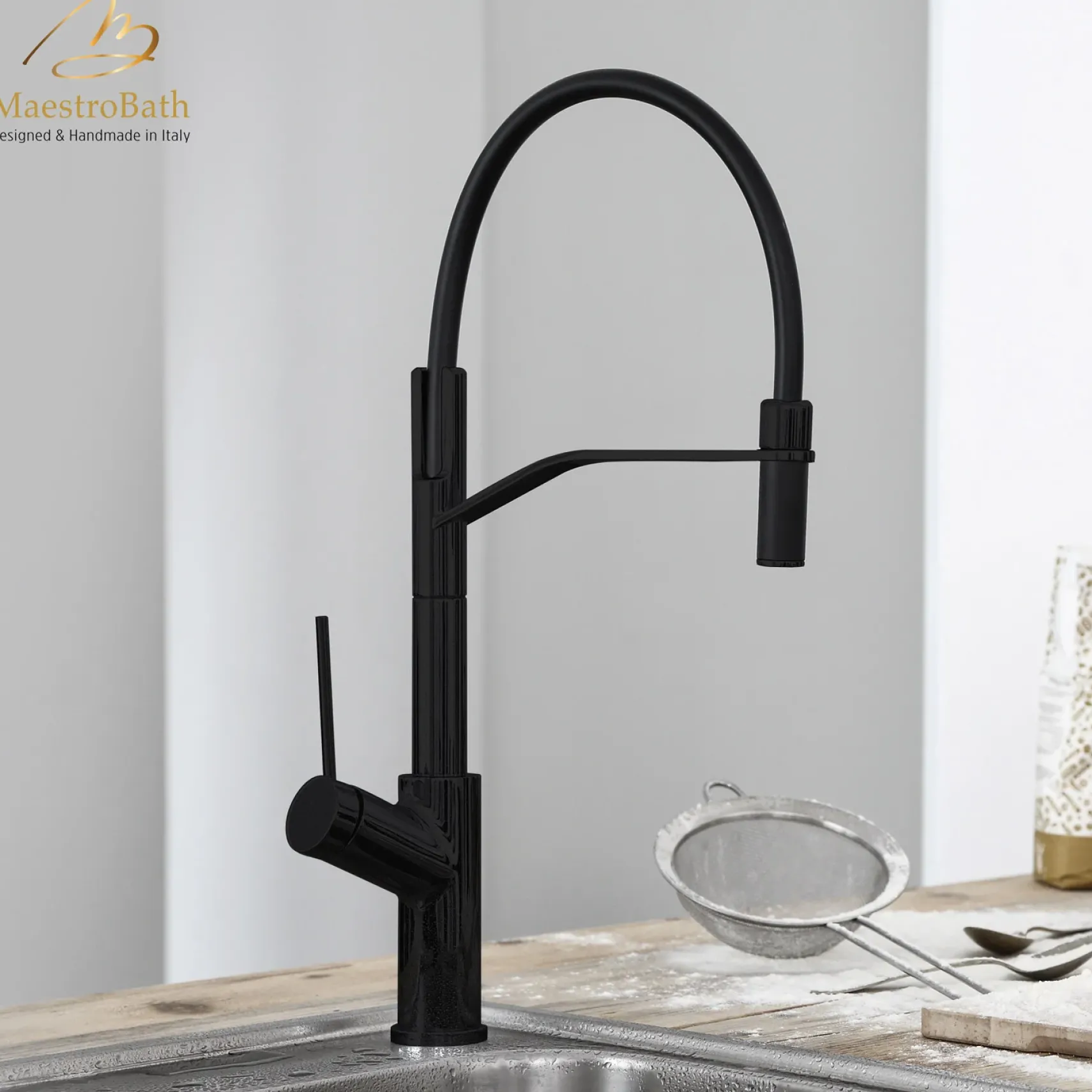 MaestroBath 1.8 GPM Raffinato Mono ADA Kitchen Faucet, Black, Lead-Free Brass, Matt Black, KIT-RAF-BLK