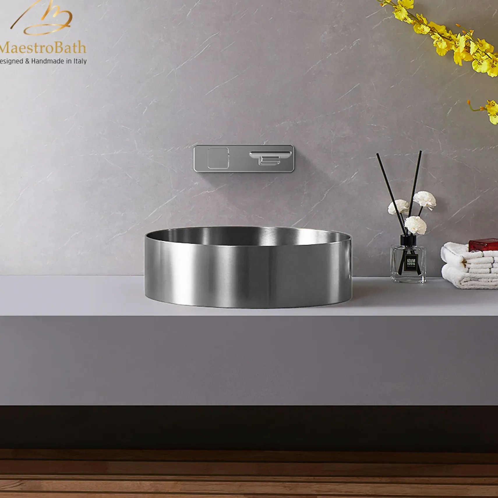 MaestroBath 16" Regina Modern Round Vessel ADA Bathroom Sink, Brushed Silver, Stainless Steel, STN-RGN-BRS