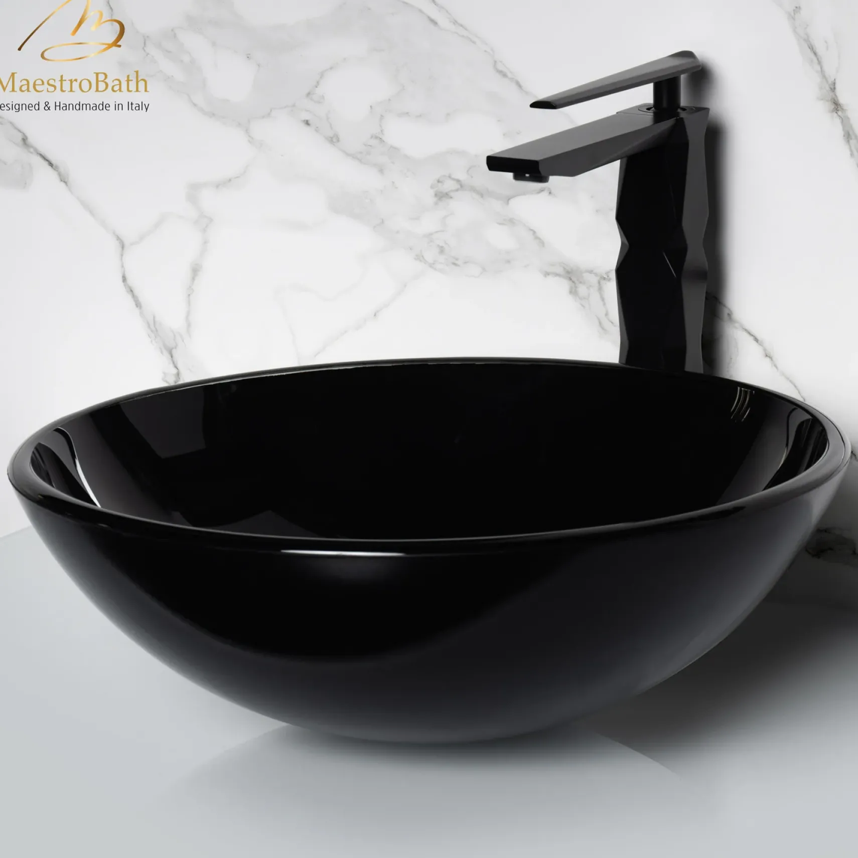 MaestroBath 17" Verona Round Crystal ADA Bathroom Sink, Black, Tempered glass, SIN-VER-BLK