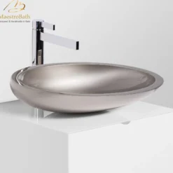 MaestroBath 16" Vetro Cigno Max Vessel ADA Oval Bathroom Sink, Platinum, Resin and Glass, VET-CIM-PLA