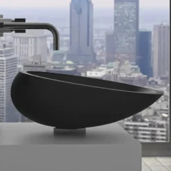 MaestroBath 14" Vetro Cigno Modern ADA Oval Bathroom Sink, Black, Resin and Glass, Matt Black, VET-CIO-BLK