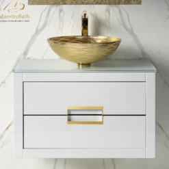 MaestroBath Dante 32" Modern Bathroom Vanity, White and Gold, Wall-mounted, Glass Top: Flat, Wood, VANK-DNT-WG8