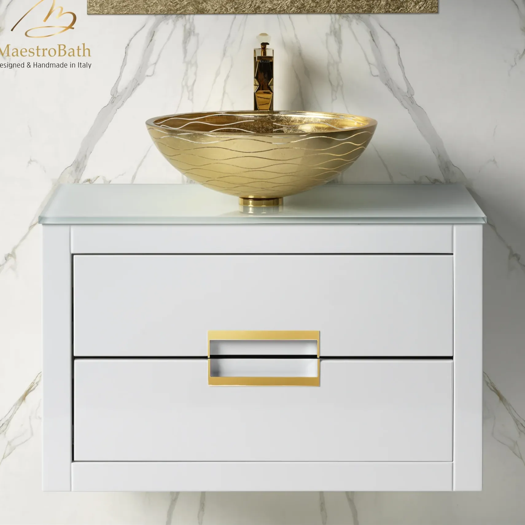 MaestroBath Dante 32" Modern Bathroom Vanity, White and Gold, Wall-mounted, Glass Top: Flat, Wood, VANK-DNT-WG8