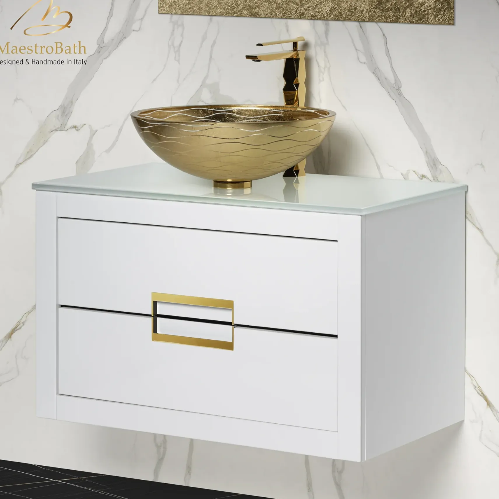 MaestroBath Dante 32" Modern Bathroom Vanity, White and Gold, Wall-mounted, Glass Top: Flat, Wood, VANK-DNT-WG8
