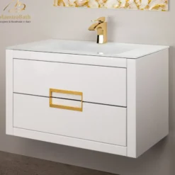 MaestroBath Dante 32" Modern Bathroom Vanity, White and Gold, Wall-mounted, Glass Top: Integrated, Wood, VANK-DNTI-WG8