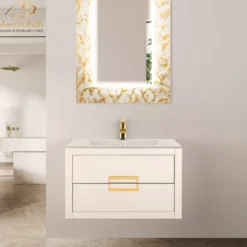 MaestroBath Dante 32" Modern Bathroom Vanity, White and Gold, Wall-mounted, Glass Top: Integrated, Wood, VANK-DNTI-WG8