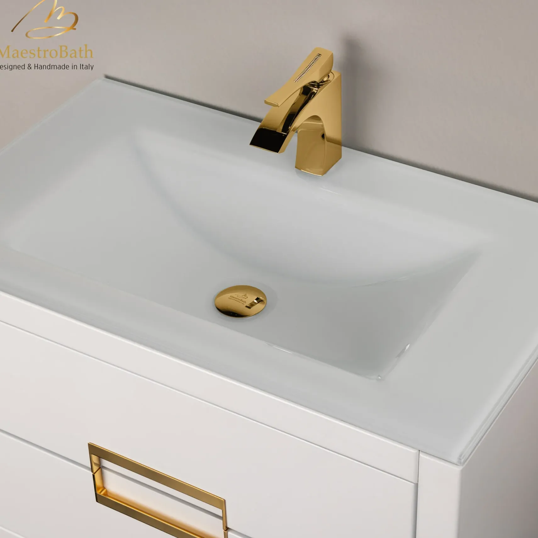 MaestroBath Dante 32" Modern Bathroom Vanity, White and Gold, Wall-mounted, Glass Top: Integrated, Wood, VANK-DNTI-WG8