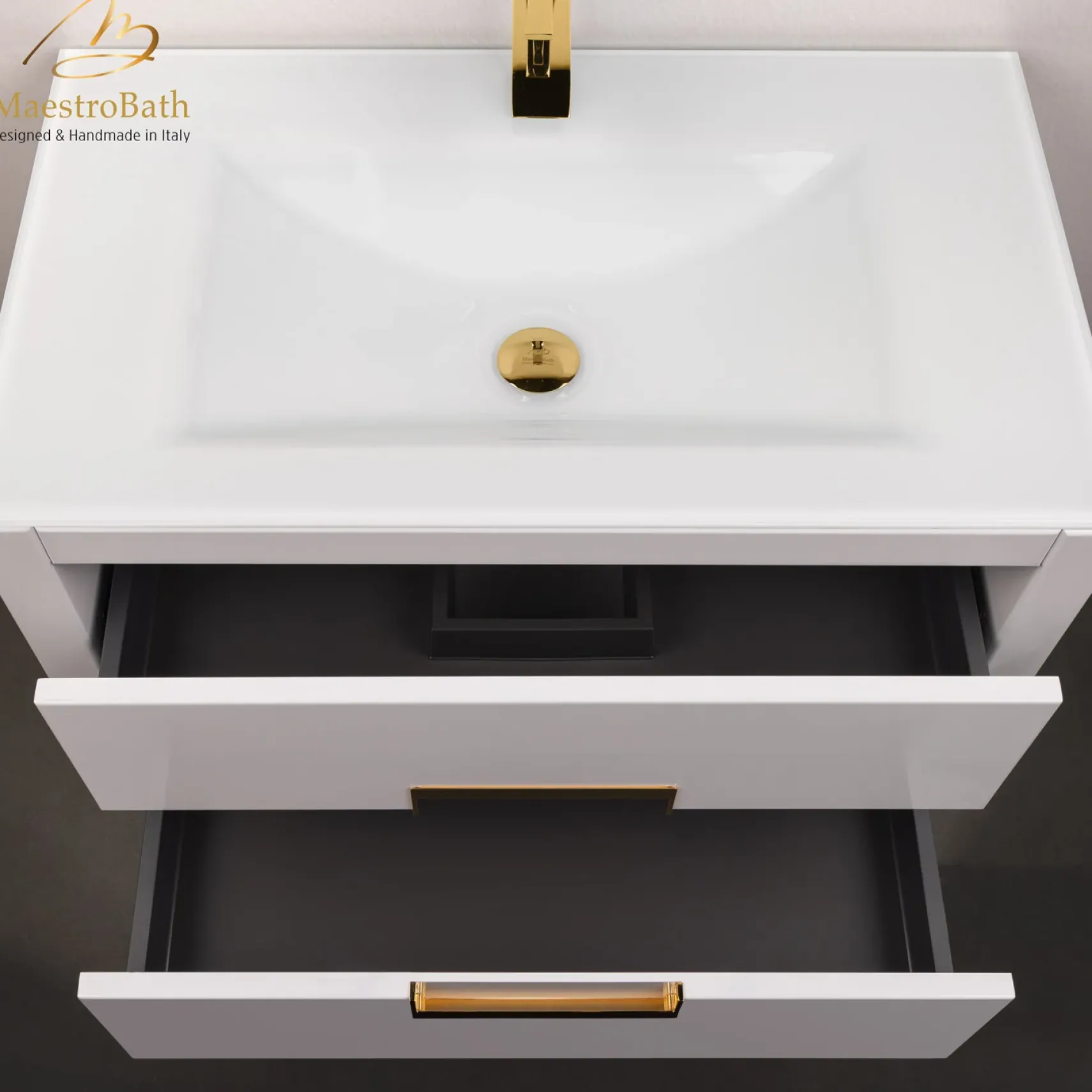 MaestroBath Dante 32" Modern Bathroom Vanity, White and Gold, Wall-mounted, Glass Top: Integrated, Wood, VANK-DNTI-WG8