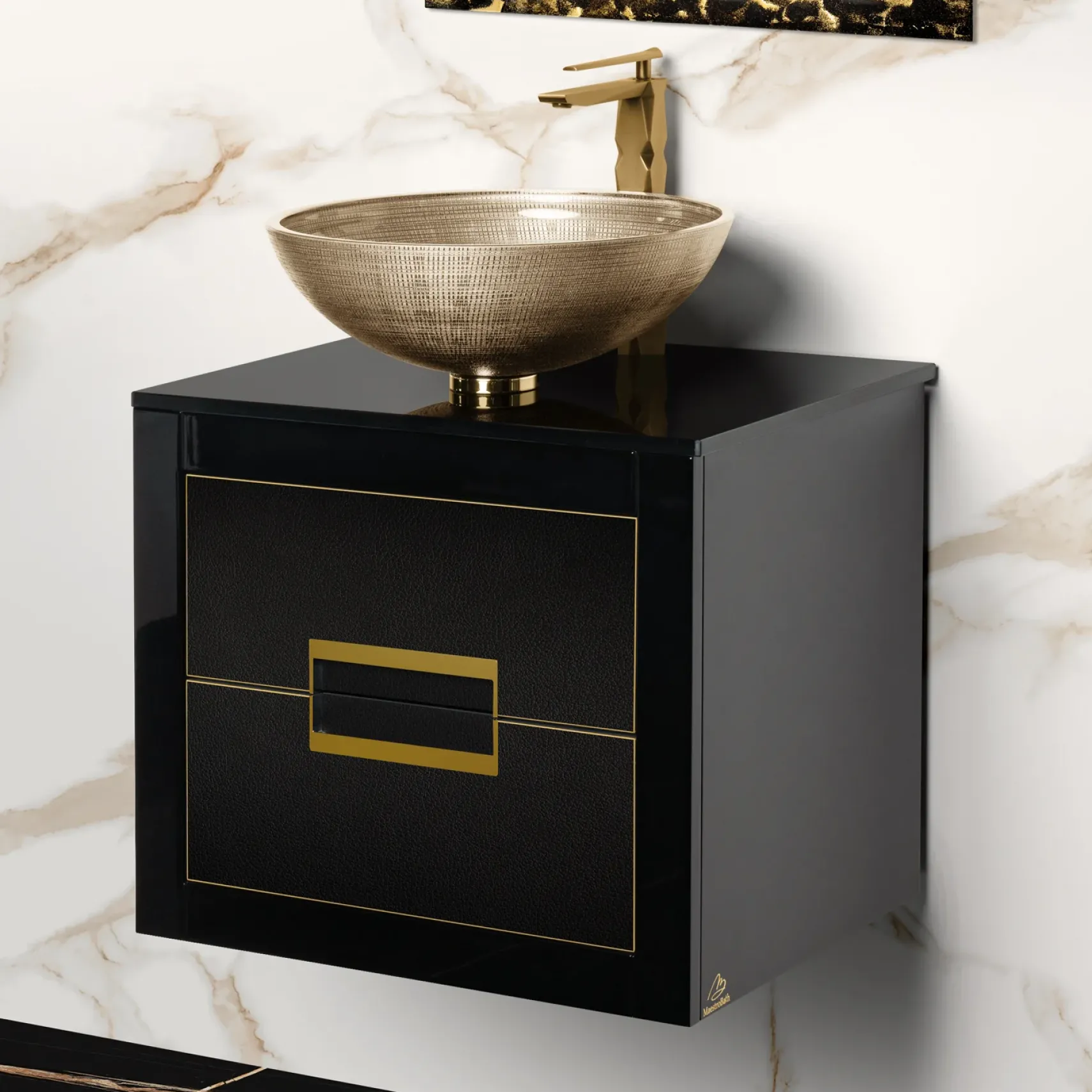 MaestroBath Dante 24" Modern Bathroom Vanity, Black and Gold, Wall-mounted, Glass Top: Integrated, Wood, VANK-DNTI-BG6