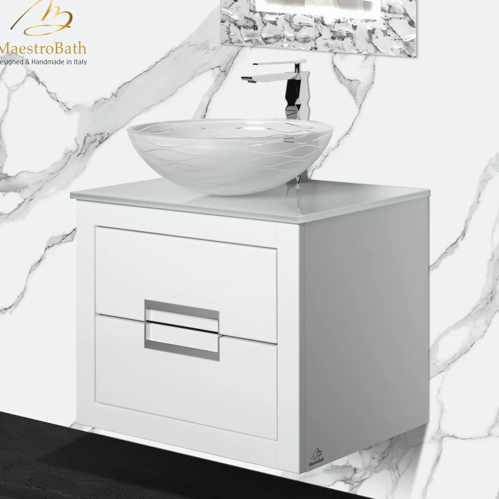 MaestroBath Dante 24" Modern Bathroom Vanity, White and Silver, Wall-mounted, Glass Top: Integrated, Wood, VANK-DNTI-WS6