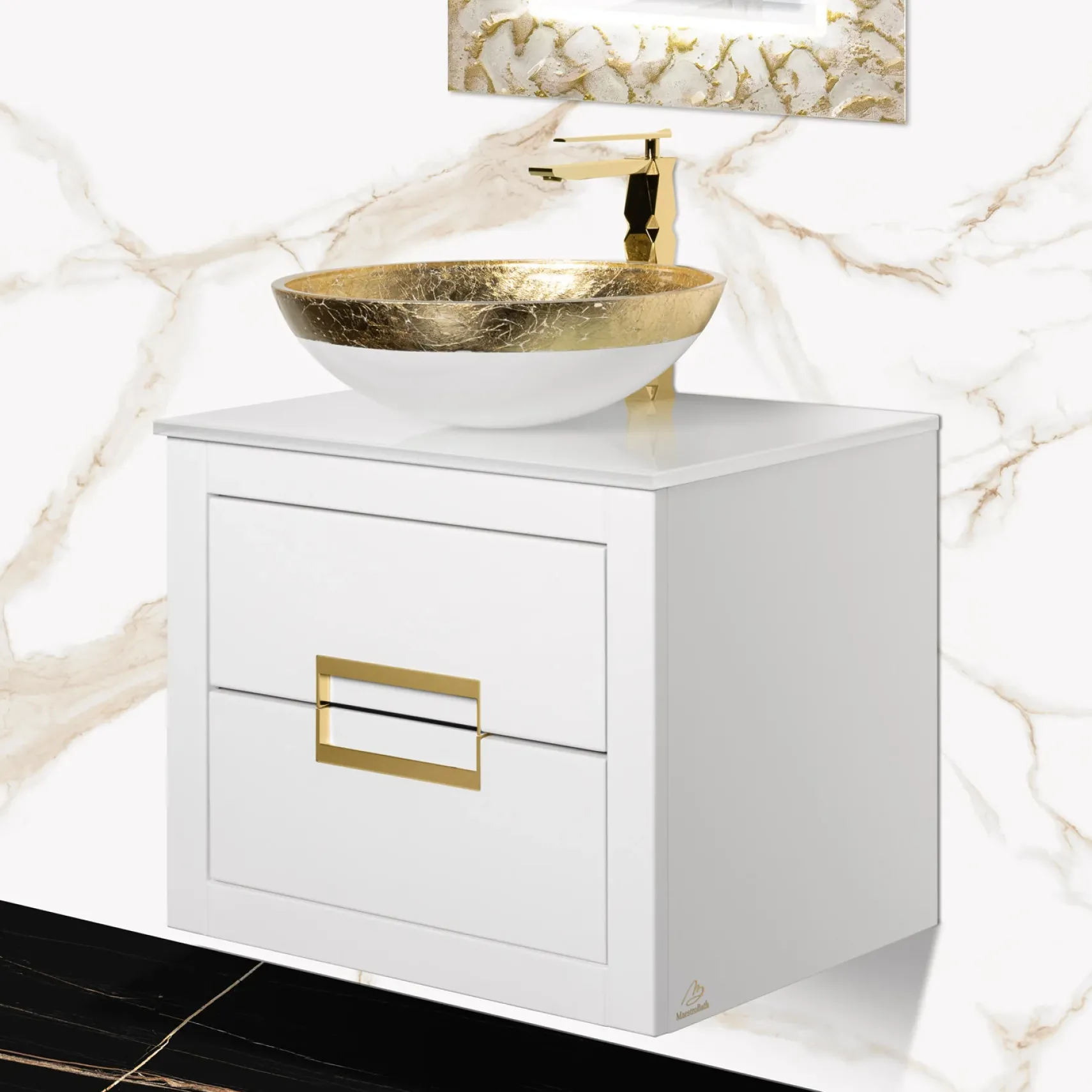 MaestroBath Dante 24" Modern Bathroom Vanity, White and Gold, Wall-mounted, Glass Top: Flat, Wood, VANK-DNT-WG6