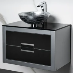 MaestroBath Dante 32" Modern Bathroom Vanity, Silver and Black, Wall-mounted, Glass Top: Flat, Wood, VANK-DNT-SL8