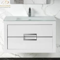 MaestroBath Dante 32" Modern Bathroom Vanity, White and Silver, Wall-mounted, Glass Top: Integrated, Wood, VANK-DNTI-WS8