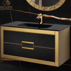 MaestroBath Dante 40" Modern Bathroom Vanity, Gold and Black, Wall-mounted, Glass Top: Integrated, Wood, VANK-DNTI-GL10