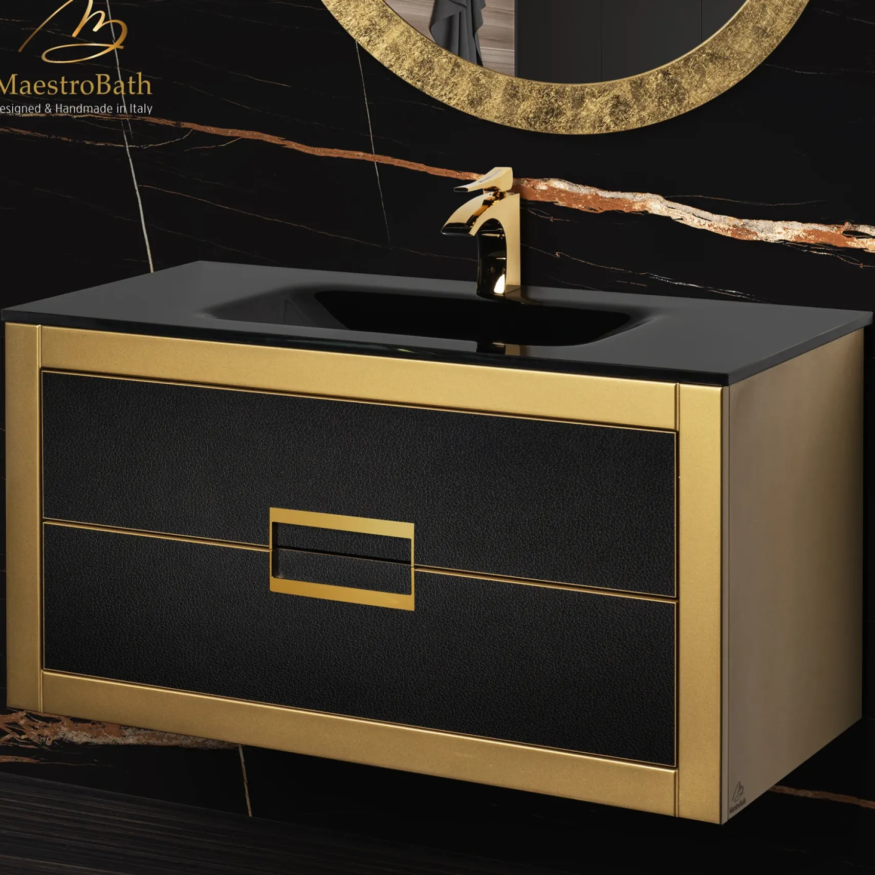 MaestroBath Dante 40" Modern Bathroom Vanity, Gold and Black, Wall-mounted, Glass Top: Integrated, Wood, VANK-DNTI-GL10