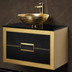 MaestroBath Dante 32" Modern Bathroom Vanity, Gold and Black, Wall-mounted, Glass Top: Flat, Wood, VANK-DNT-GL8