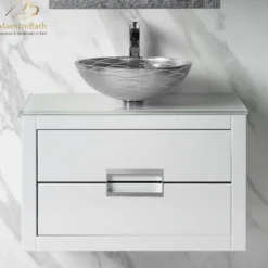 MaestroBath Dante 32" Modern Bathroom Vanity, White and Silver, Wall-mounted, Glass Top: Flat, Wood, VANK-DNT-WS8