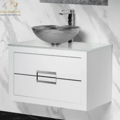 MaestroBath Dante 32" Modern Bathroom Vanity, White and Silver, Wall-mounted, Glass Top: Flat, Wood, VANK-DNT-WS8