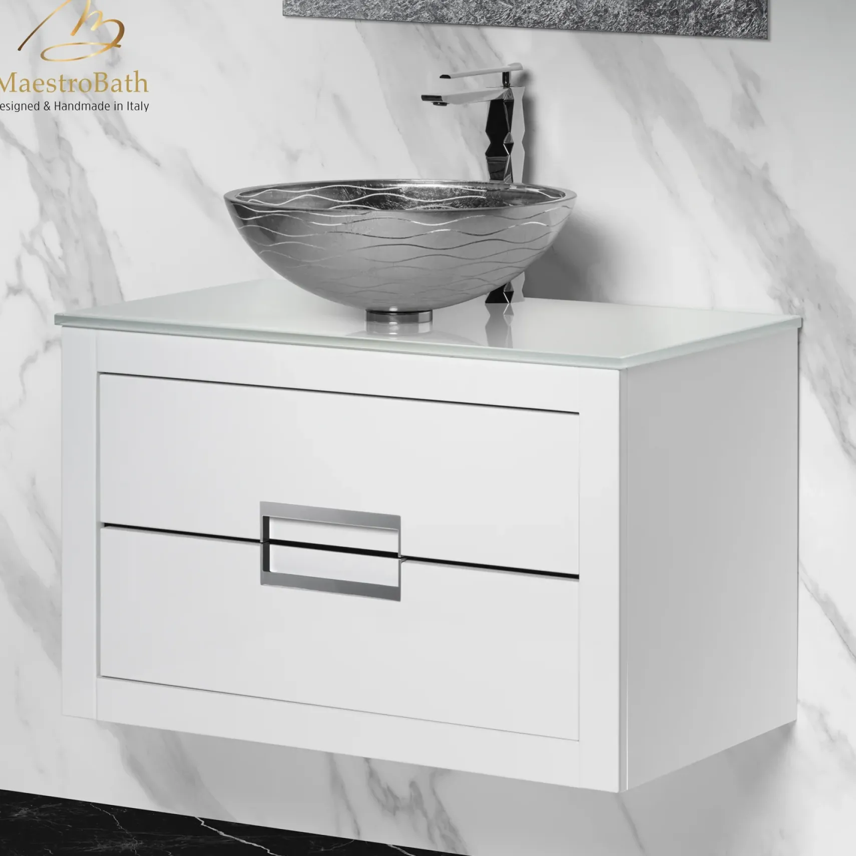 MaestroBath Dante 32" Modern Bathroom Vanity, White and Silver, Wall-mounted, Glass Top: Flat, Wood, VANK-DNT-WS8