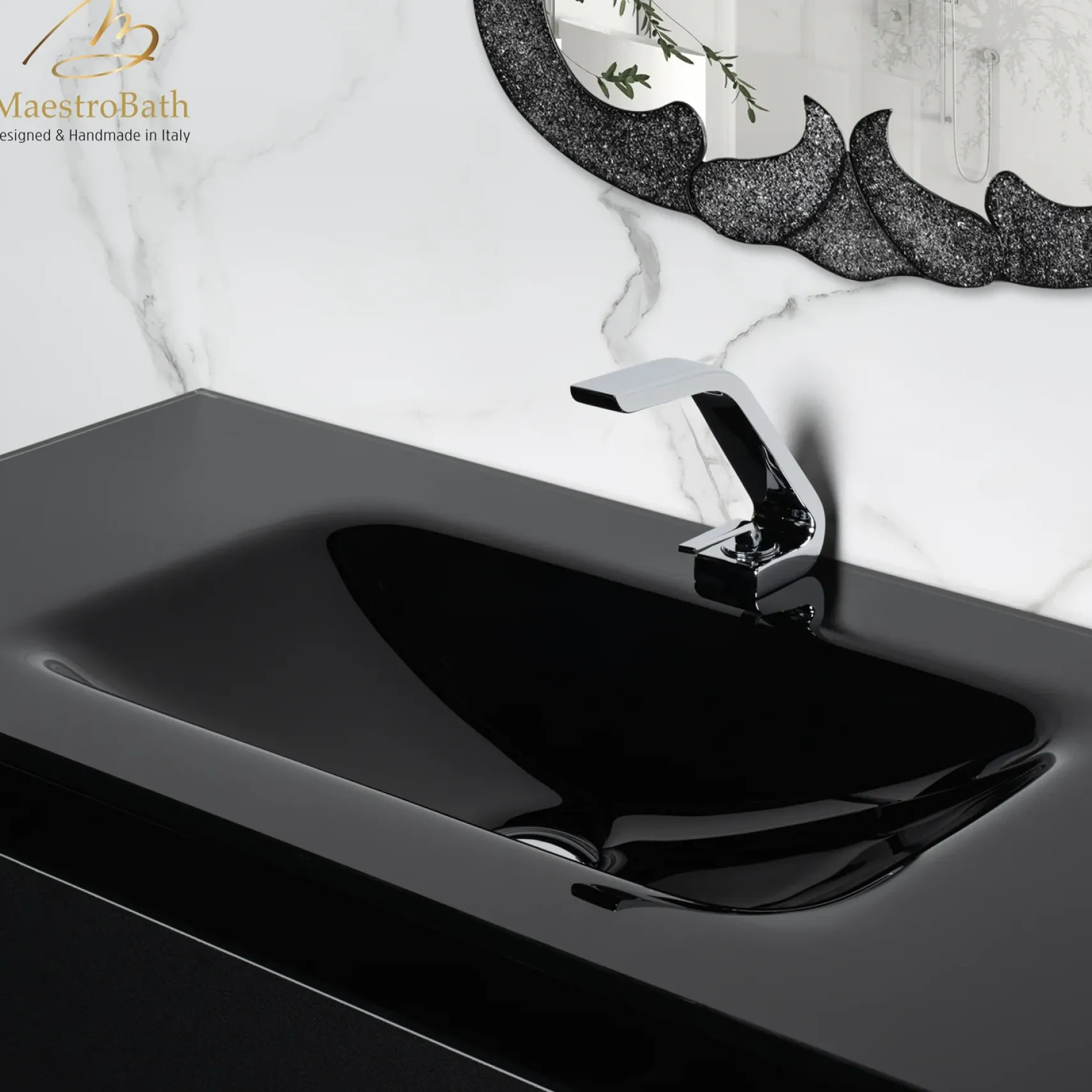 MaestroBath Dante 40" Modern Bathroom Vanity, Black and Silver, Wall-mounted, Glass Top: Integrated, Wood, VANK-DNTI-BS10