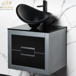 MaestroBath Dante 24" Modern Bathroom Vanity, Silver and Black, Wall-mounted, Glass Top: Flat, Wood, VANK-DNT-SL6