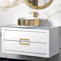 MaestroBath Dante 40" Modern Bathroom Vanity, White and Gold, Wall-mounted, Glass Top: Flat, Wood, VANK-DNT-WG10
