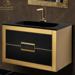 MaestroBath Dante 32" Modern Bathroom Vanity, Gold and Black, Wall-mounted, Glass Top: Integrated, Wood, VANK-DNTI-GL8