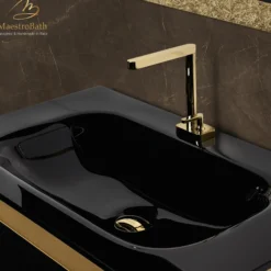 MaestroBath Dante 32" Modern Bathroom Vanity, Gold and Black, Wall-mounted, Glass Top: Integrated, Wood, VANK-DNTI-GL8
