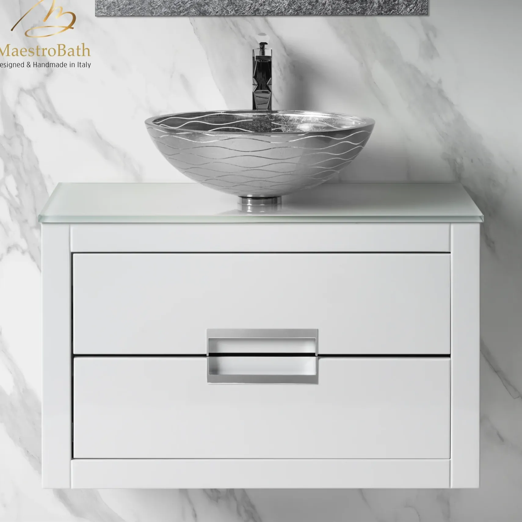 MaestroBath Dante 40" Modern Bathroom Vanity, White and Silver, Wall-mounted, Glass Top: Flat, Wood, VANK-DNT-WS10