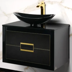 MaestroBath Dante 24" Modern Bathroom Vanity, Black and Gold, Wall-mounted, Glass Top: Flat, Wood, VANK-DNT-BG6
