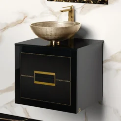 MaestroBath Dante 24" Modern Bathroom Vanity, Black and Gold, Wall-mounted, Glass Top: Flat, Wood, VANK-DNT-BG6