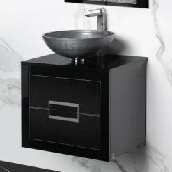 MaestroBath Dante 24" Modern Bathroom Vanity, Black and Silver, Wall-mounted, Glass Top: Integrated, Wood, VANK-DNTI-BS6