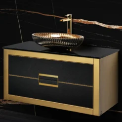 MaestroBath Dante 40" Modern Bathroom Vanity, Gold and Black, Wall-mounted, Glass Top: Flat, Wood, VANK-DNT-GL10