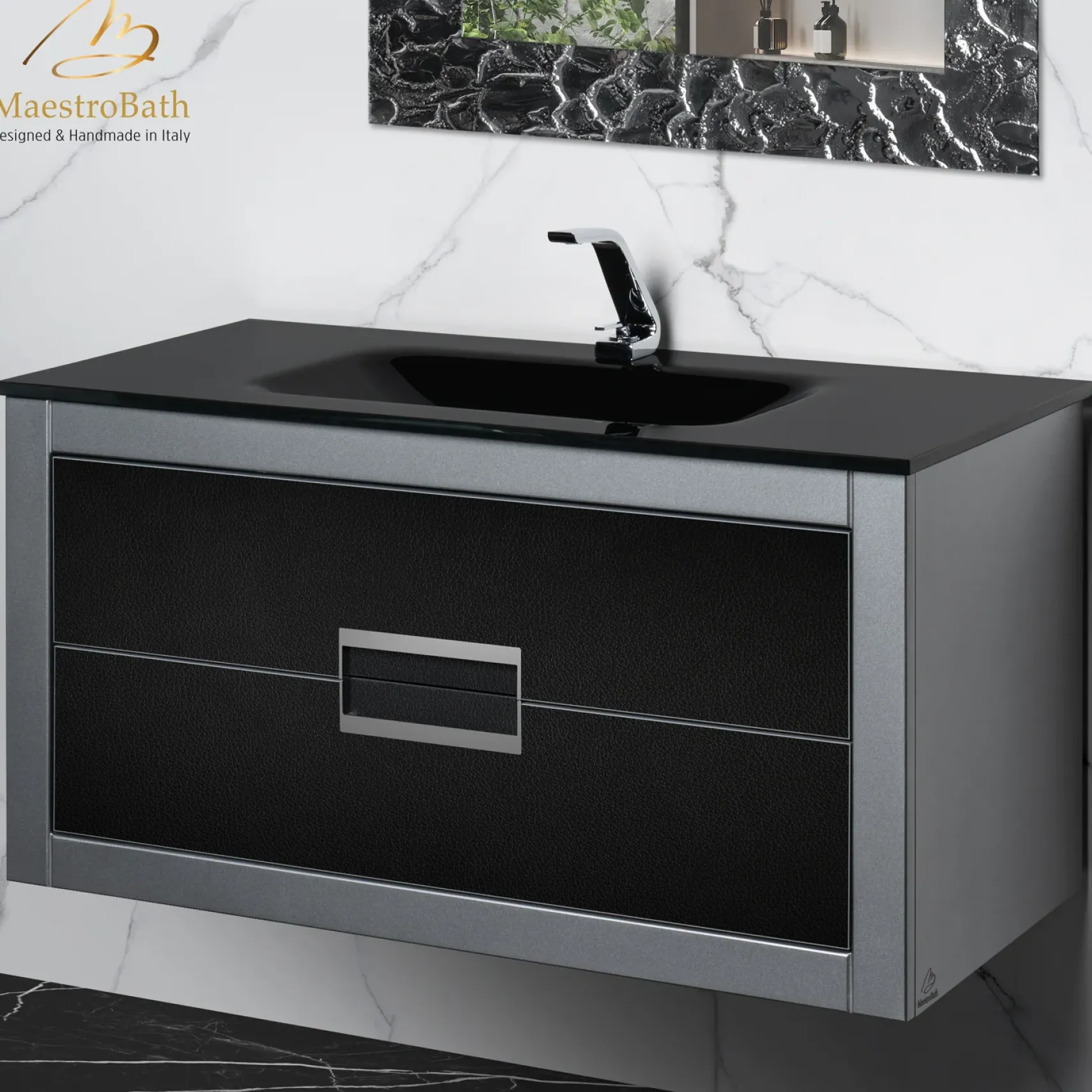 MaestroBath Dante 40" Modern Bathroom Vanity, Silver and Black, Wall-mounted, Glass Top: Integrated, Wood, VANK-DNTI-SL10
