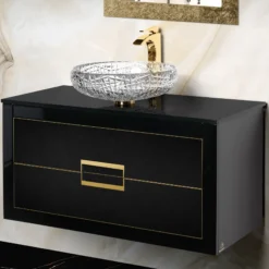 MaestroBath Dante 40" Modern Bathroom Vanity, Black and Gold, Wall-mounted, Glass Top: Flat, Wood, VANK-DNT-BG10