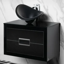 MaestroBath Dante 32" Modern Bathroom Vanity, Black and Silver, Wall-mounted, Glass Top: Flat, Wood, VANK-DNT-BS8
