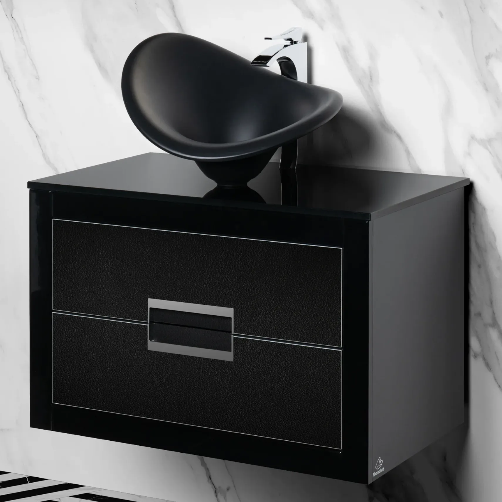 MaestroBath Dante 32" Modern Bathroom Vanity, Black and Silver, Wall-mounted, Glass Top: Flat, Wood, VANK-DNT-BS8
