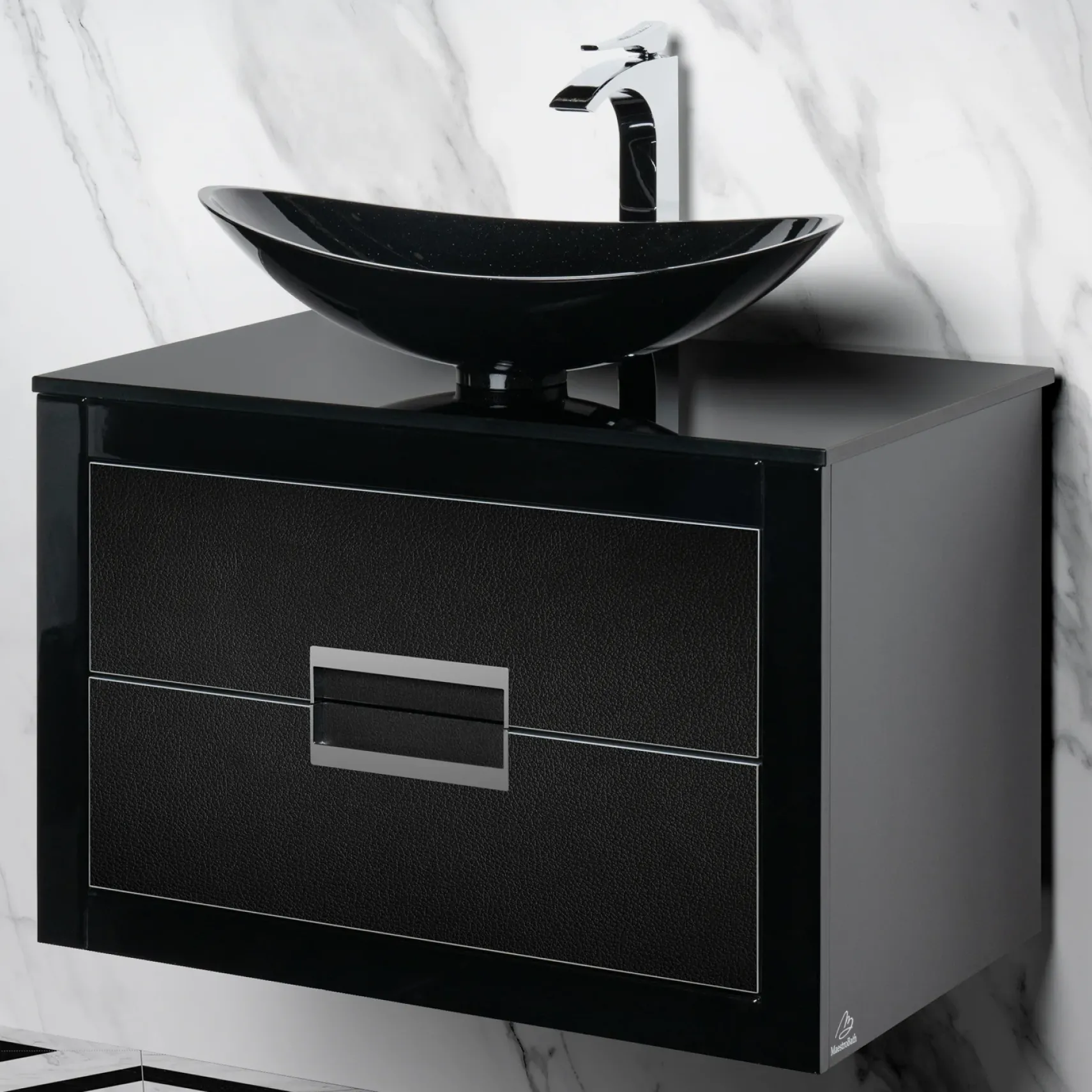 MaestroBath Dante 32" Modern Bathroom Vanity, Black and Silver, Wall-mounted, Glass Top: Flat, Wood, VANK-DNT-BS8