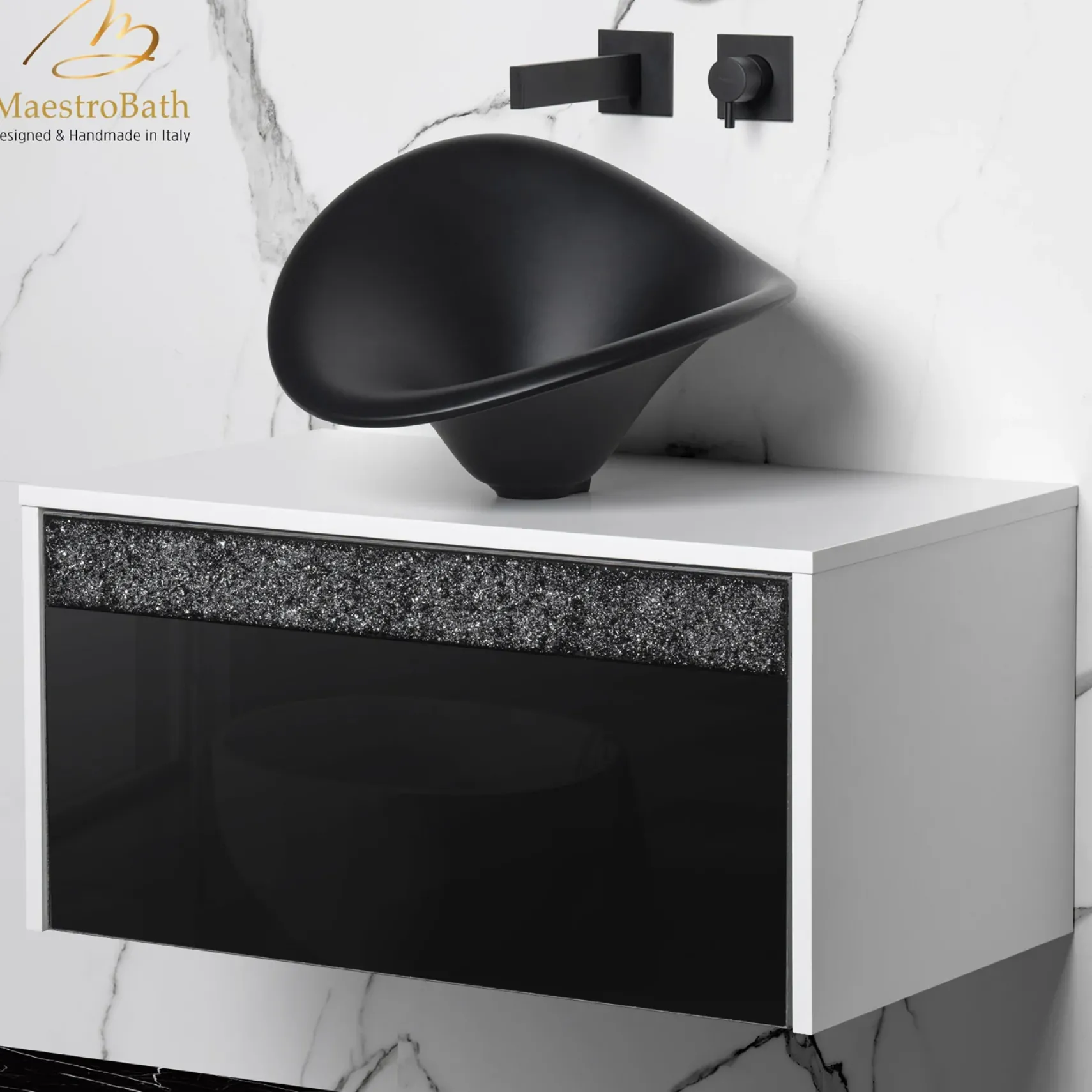 MaestroBath Splendore Modern Single Bathroom Vanity 32", Durable Wood and Murano Crystals, White and Black, VAN-SPL32-WHB