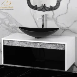 MaestroBath Splendore Modern Single Bathroom Vanity 40", Durable Wood and Murano Crystals, White and Black, VAN-SPL40-WHB