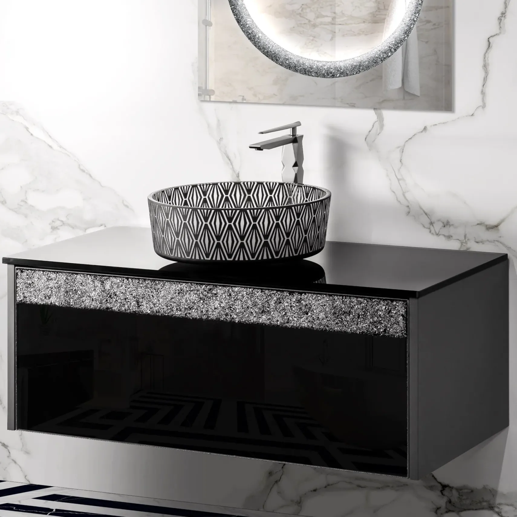 MaestroBath Splendore Modern Single Bathroom Vanity 40", Durable Wood and Murano Crystals, Grey and Black, VAN-SPL40-GRB
