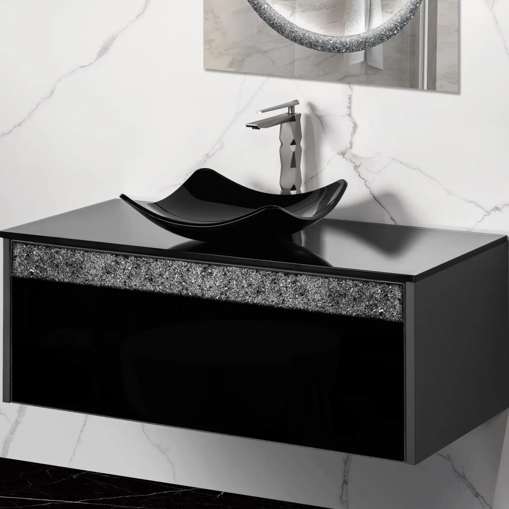 MaestroBath Splendore Modern Single Bathroom Vanity 40", Durable Wood and Murano Crystals, Grey and Black, VAN-SPL40-GRB