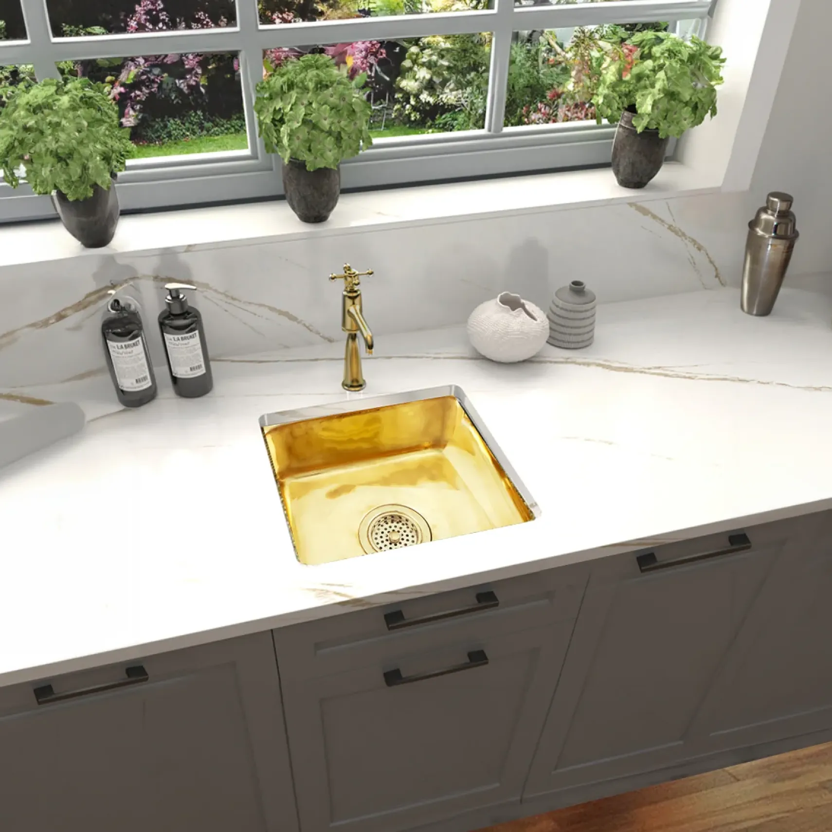 Nantucket Sinks Brightwork Home 17" Square Brass Bar/Prep Sink with Accessories, SQRB-7SM