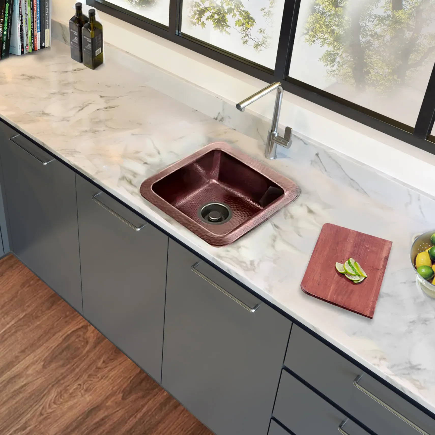 Nantucket Sinks Brightwork Home 17" Square Copper Bar/Prep Sink with Accessories, 16 Gauge, SQRC-7PS