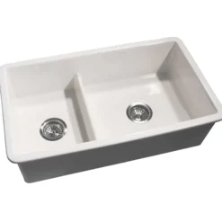 Nantucket Sinks Cape 31" Dual Mount Fireclay Kitchen Sink with Accessories, 60/40 Double Bowl, White, Wellfleet-31OSW
